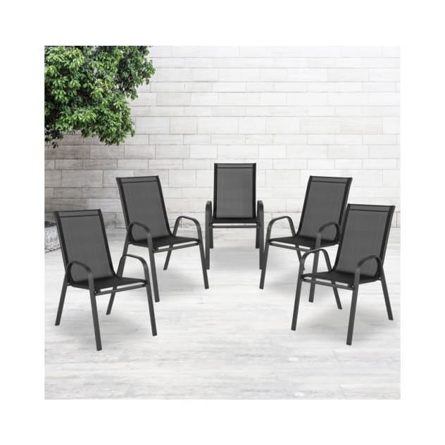 5 Pack Brazos Series Black Outdoor Stack Chair with Flex Comfort Material and Metal Frame
