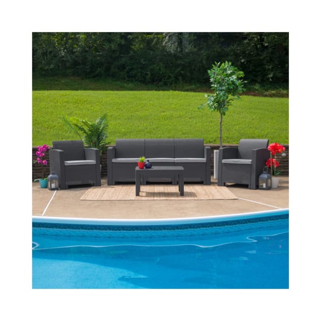 4 Piece Outdoor Faux Rattan Chair Sofa and Table Set in Dark Gray