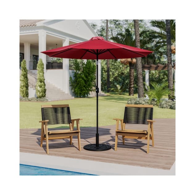 Red 9 FT Round Umbrella with Crank and Tilt Function and Standing Umbrella Base