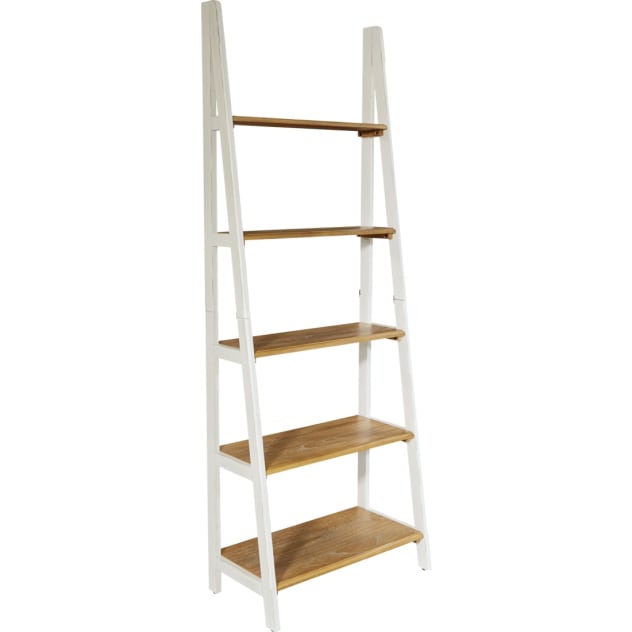 Medford Ladder Bookcase with white distressed faces with natural veneer tops