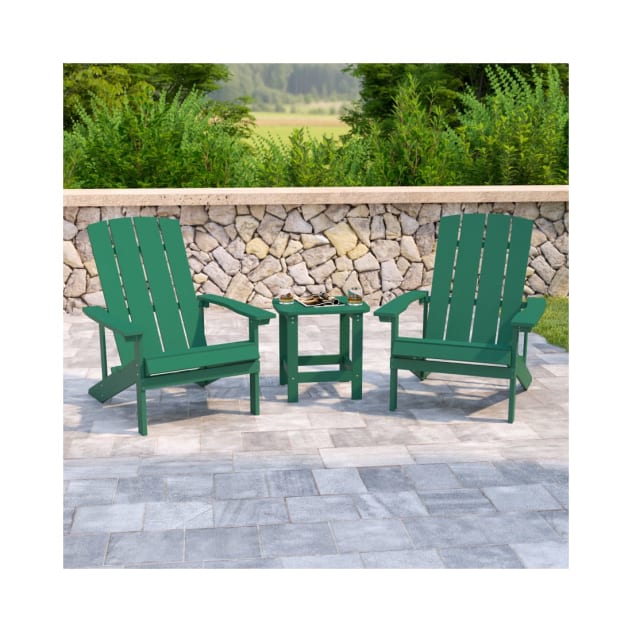 2 Pack Charlestown All Weather Poly Resin Wood Adirondack Chairs with Side Table in Green