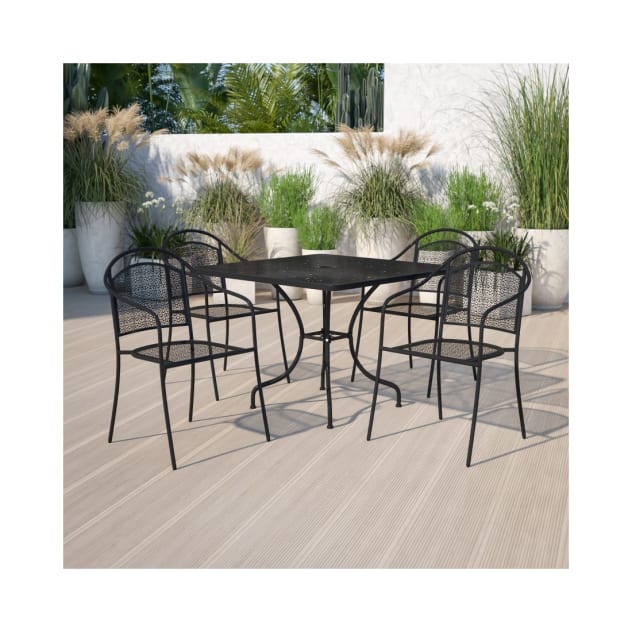 Commercial Grade 35.5" Square Black Indoor Outdoor Steel Patio Table Set with 4 Round Back Chairs