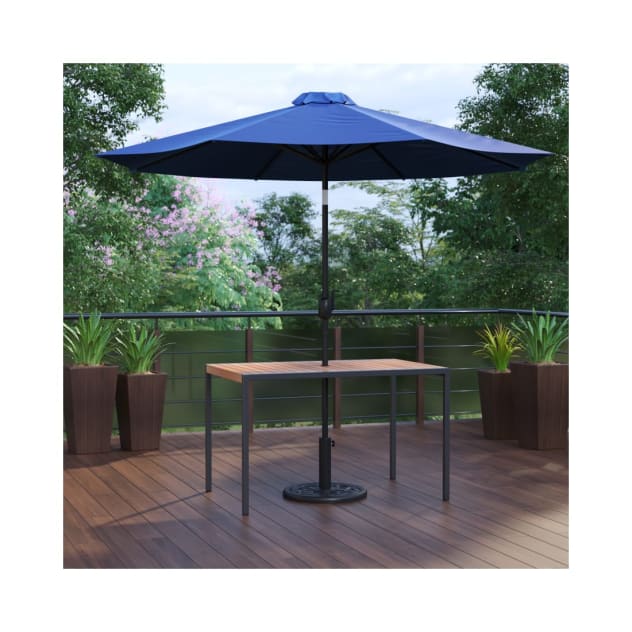 3 Piece Outdoor Patio Table Set 30" x 48" Synthetic Teak Patio Table with Navy Umbrella and Base