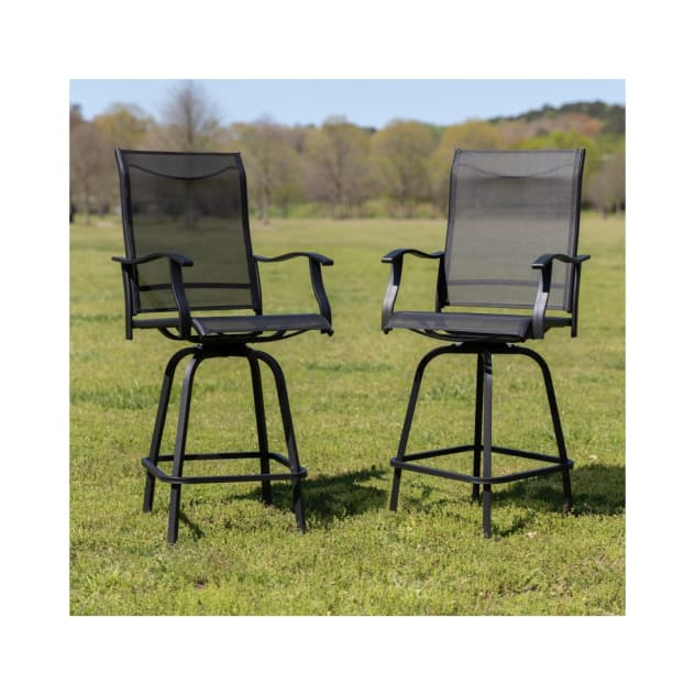 Patio Bar Height Stools Set of 2 All Weather Textilene Swivel Patio Stools and Deck Chairs with High Back & Armrests in Black
