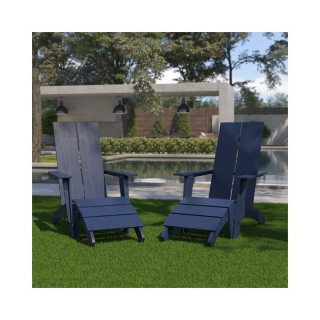 Set of 2 Sawyer Modern All Weather Poly Resin Wood Adirondack Chairs with Foot Rests in Navy