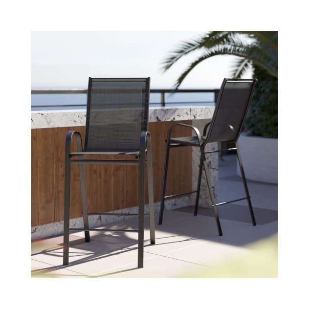 2 Pack Brazos Series Black Outdoor Barstool with Flex Comfort Material and Metal Frame