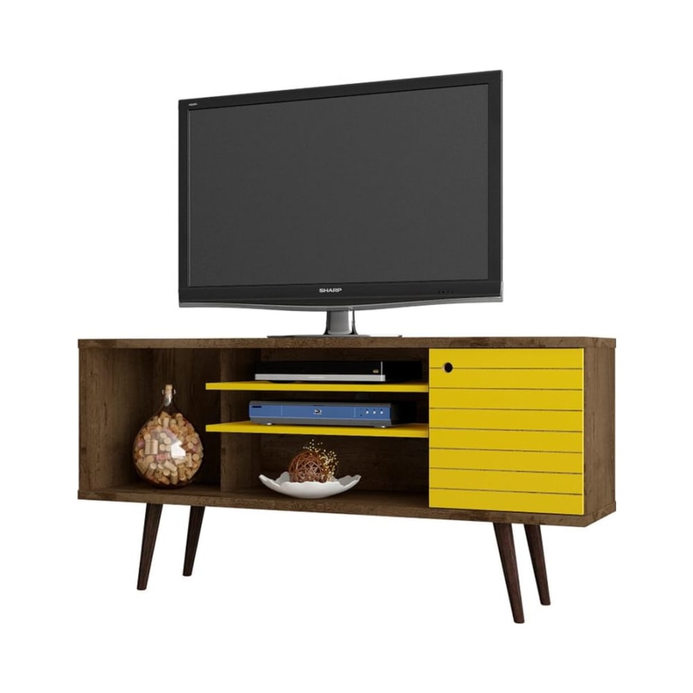 Liberty 53.14" Mid-Century Modern TV Stand in Rustic Brown and Yellow
