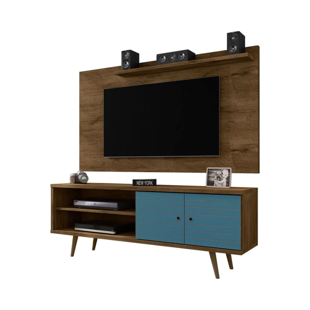 Liberty 62.99" TV Stand and Panel in Rustic Brown and Aqua Blue