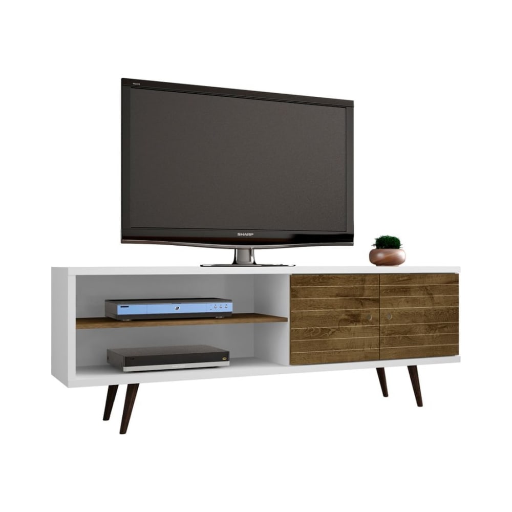 Liberty 62.99" Mid-Century Modern TV Stand in White and Rustic Brown