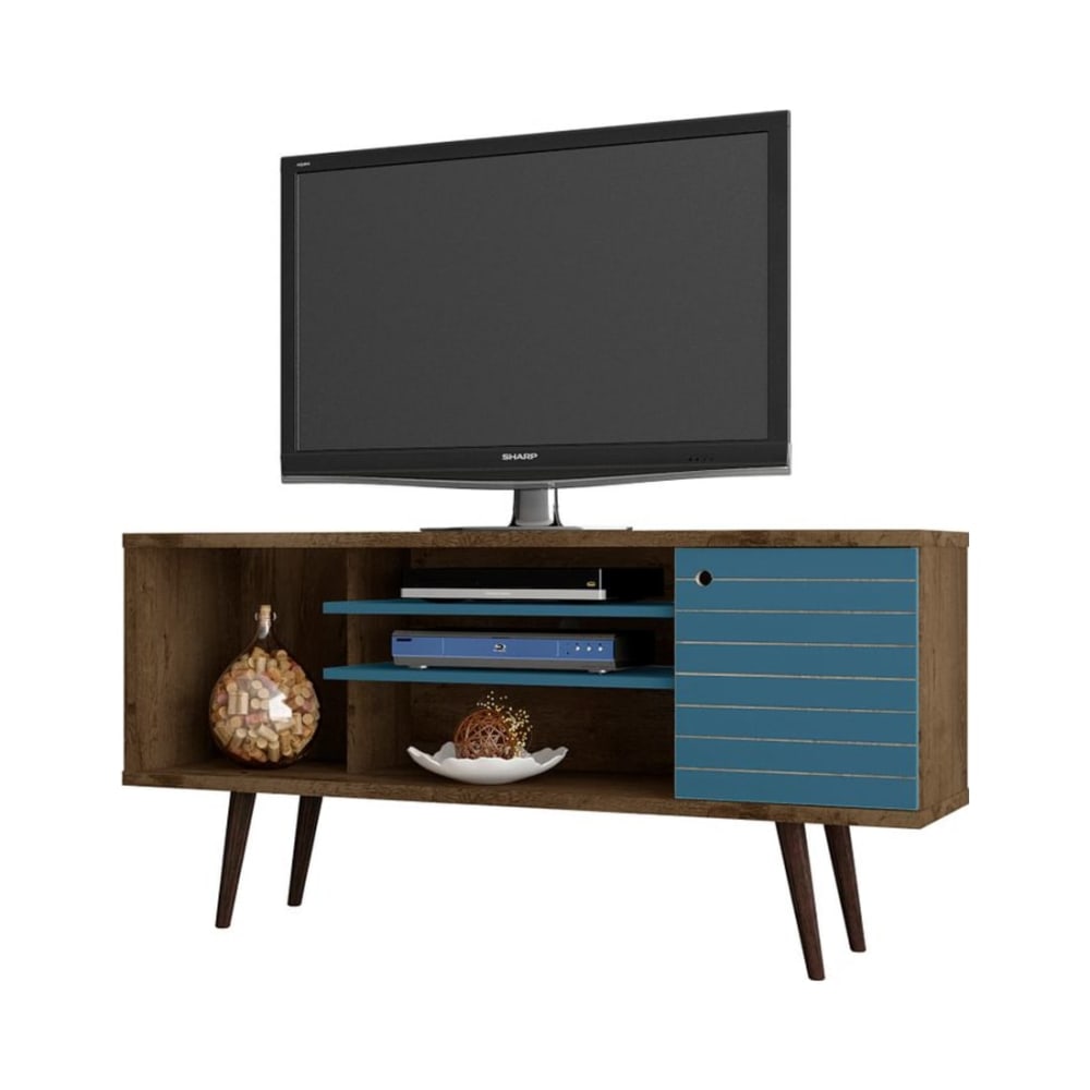 Liberty 53.14" Mid-Century Modern TV Stand in Rustic Brown and Aqua Blue