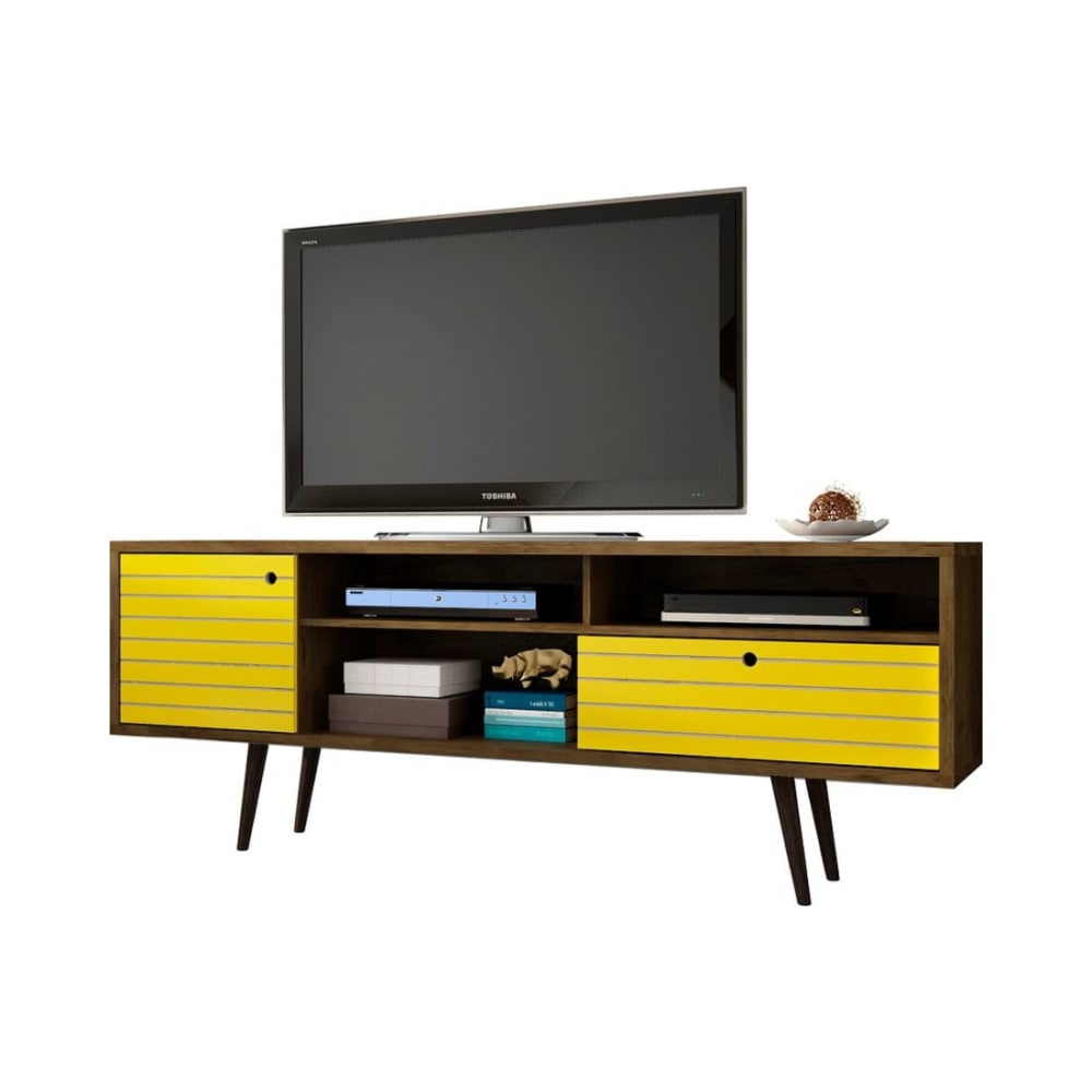 Liberty 70.86" Mid-Century Modern TV Stand in Rustic Brown and Yellow