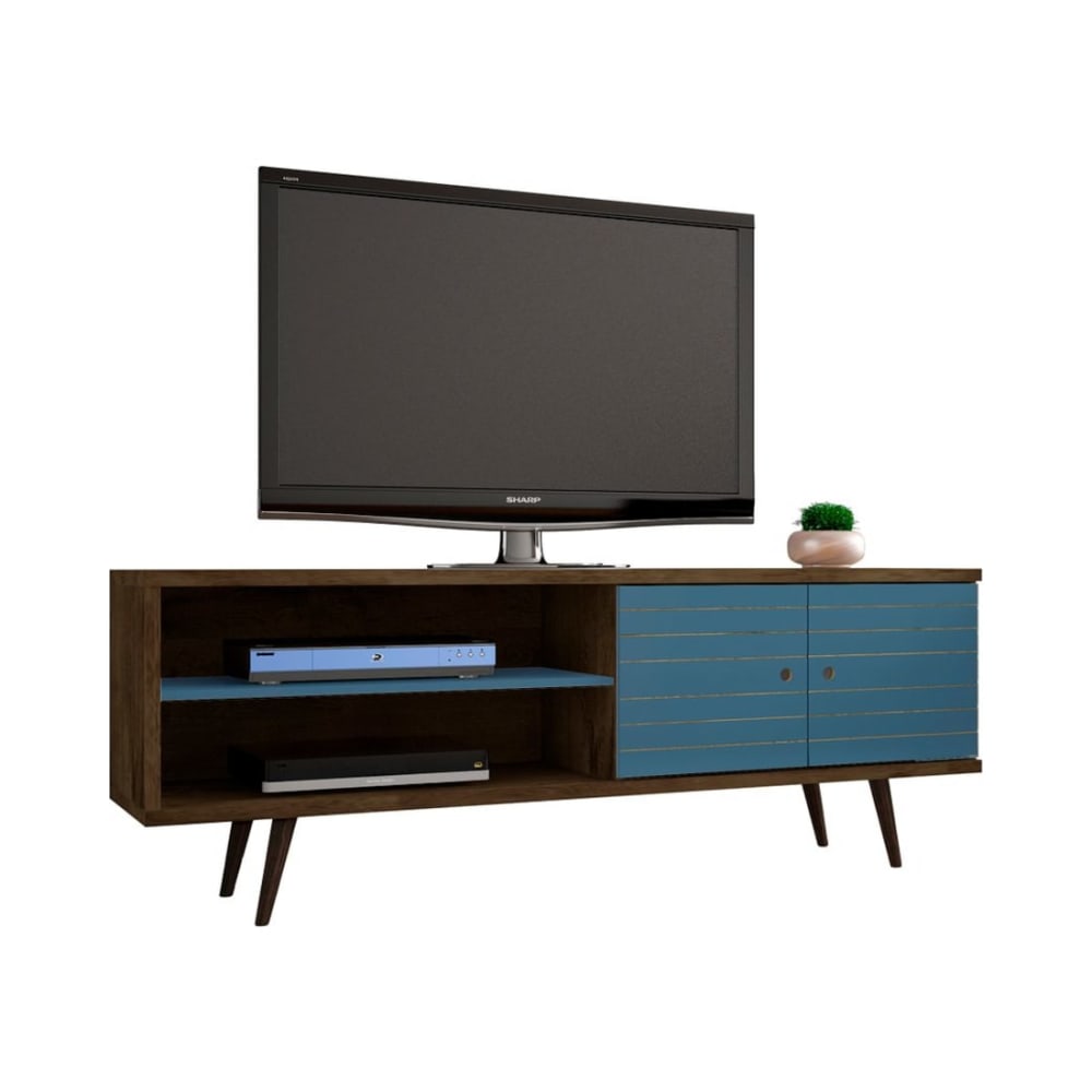 Liberty 62.99" Mid-Century Modern TV Stand in Rustic Brown and Aqua Blue
