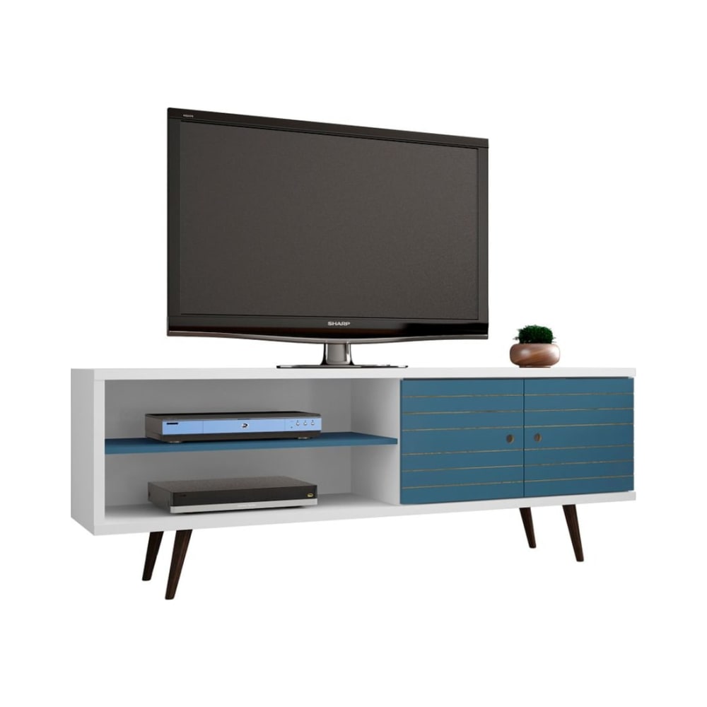 Liberty 62.99" Mid-Century Modern TV Stand in White and Aqua Blue