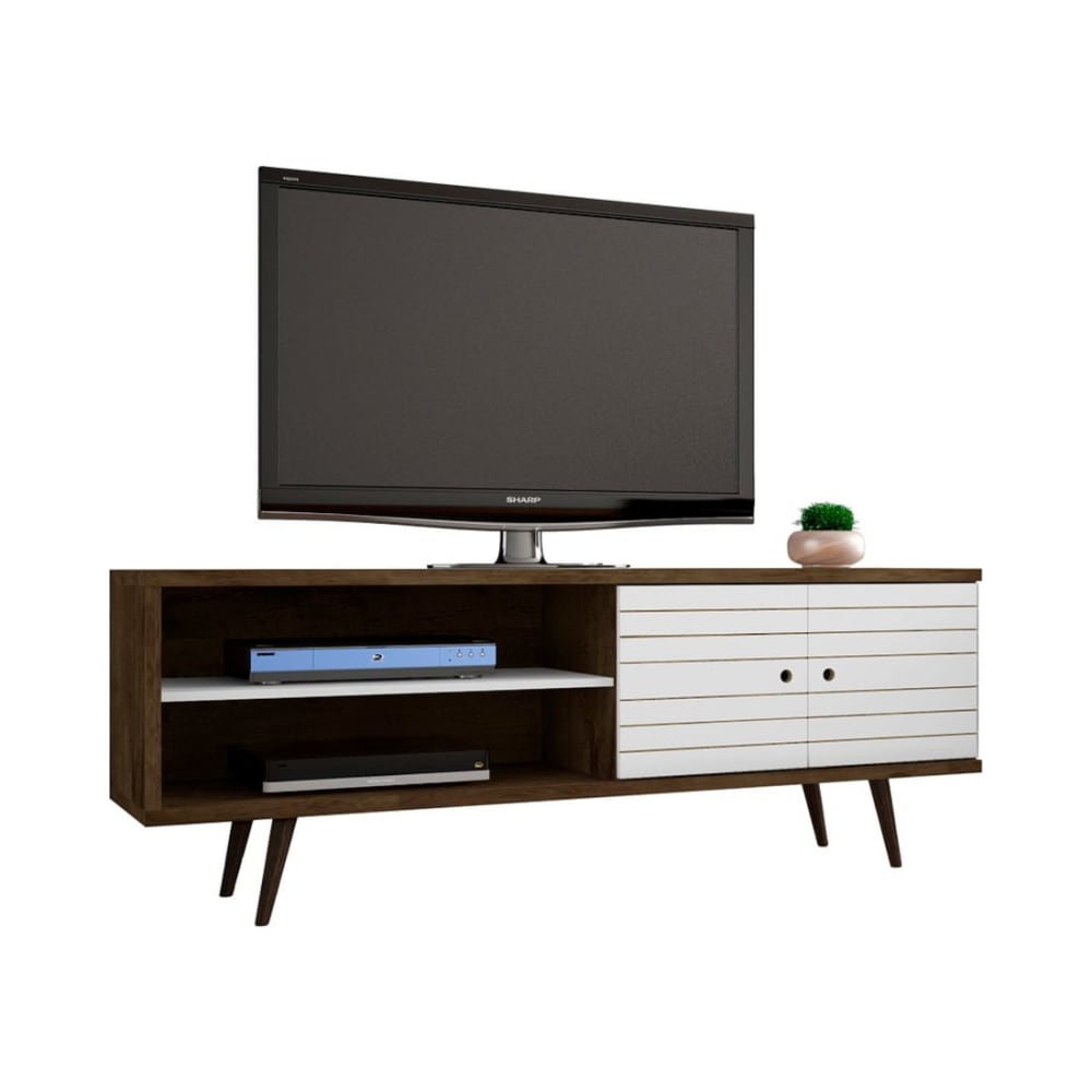 Liberty 62.99" Mid-Century Modern TV Stand in Rustic Brown and White
