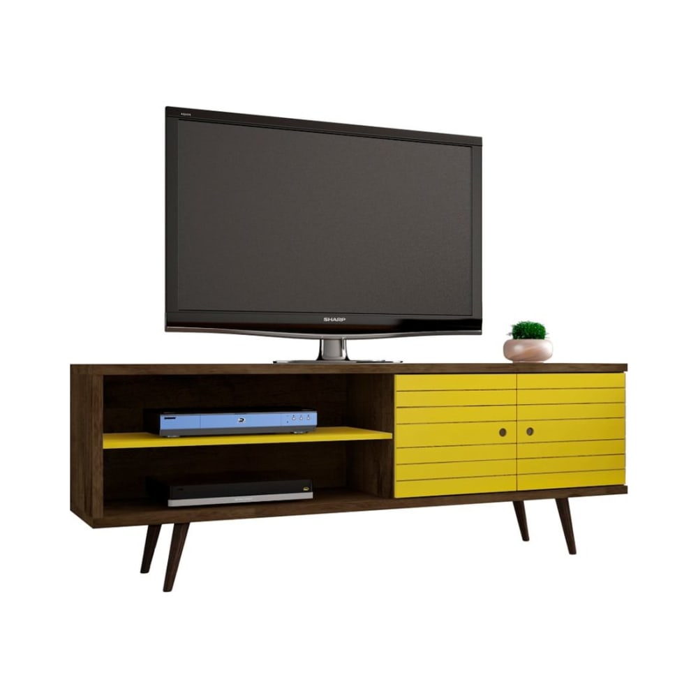 Liberty 62.99" Mid-Century Modern TV Stand in Rustic Brown and Yellow