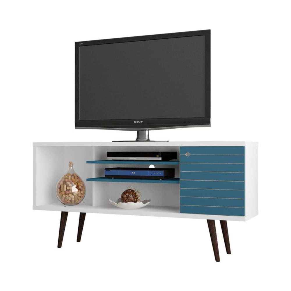 Liberty 53.14" Mid-Century Modern TV Stand in White and Aqua Blue