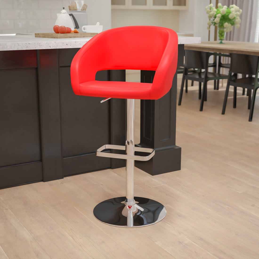 Contemporary Red Vinyl Round Back Adjustable Height Bar Stool chrome base 