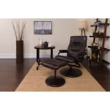 Contemporary Multi-Position Recliner and Ottoman with Wrapped Base in Brown LeatherSoft