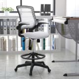 Mid-Back White Mesh Ergonomic Drafting Chair with Adjustable Foot Ring and Flip-Up Arms
