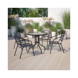 31.5'' Round Glass Metal Table with 4 Black Metal Aluminum Slat Stack Chairs