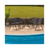 28'' Round Glass Metal Table with Black Rattan Edging and 4 Black Rattan Stack Chairs