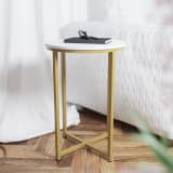 Hampstead Collection End Table - Modern White Finish Accent Table with Crisscross Brushed Gold Frame