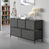 5 Drawer Wood Top Black Cast Iron Frame Vertical Storage Dresser with Dark Gray Easy Pull Fabric Drawers