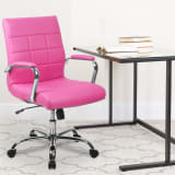 Mid-Back Pink Vinyl Executive Swivel Office Chair with Chrome Base and Arms