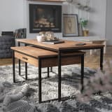 Emerson 2 Piece Modern Nesting Coffee Table Set with Storage Drawer in Walnut Finish with Black Sled Base Metal Frames