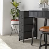 4 Drawer Slim Wood Top Black Cast Iron Frame Dresser Storage Tower with Dark Gray Easy Pull Fabric Drawers
