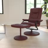 Contemporary Multi-Position Recliner and Ottoman with Wrapped Base in Burgundy LeatherSoft