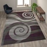 Cirrus Collection 5' x 7' Purple Swirl Patterned Olefin Area Rug with Jute Backing for Entryway, Living Room, Bedroom