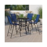Outdoor Dining Set 4 Person Bistro Set Outdoor Glass Bar Table with Navy All Weather Patio Stools