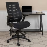 High Back Black Mesh Spine-Back Ergonomic Drafting Chair with Adjustable Foot Ring and Adjustable Flip-Up Arms