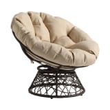 Papasan Chair with Cream Round Pillow Cushion and Brown Wicker Weave