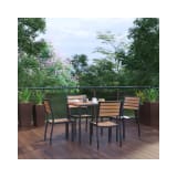 5 Piece Patio Table Set Synthetic Teak Poly Slats 35" Square Steel Framed Table with 4 Stackable Faux Teak Chairs