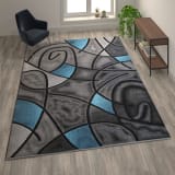 Jubilee Collection 8' x 1' Blue Abstract Area Rug - Olefin Rug with Jute Backing - Living Room, Bedroom, & Family Room