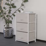 3 Drawer Wood Top White Cast Iron Frame Vertical Storage Dresser with Light Gray Easy Pull Fabric Drawers