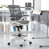 Mid-Back Transparent Gray Mesh Drafting Chair with White Frame and Flip-Up Arms