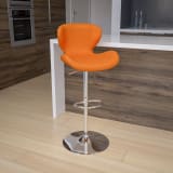 Contemporary Orange Vinyl Adjustable Height Barstool with Curved Back and Chrome Base