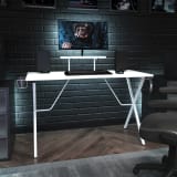 White Gaming Desk with Cup Holder, Headphone Hook, and Monitor/Smartphone Stand