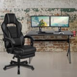 Black Gaming Desk with Cup Holder/Headphone Hook/2 Wire Management Holes & Black Reclining Back/Arms Gaming Chair with Footrest