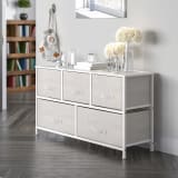 5 Drawer Wood Top White Cast Iron Frame Vertical Storage Dresser with Light Gray Easy Pull Fabric Drawers