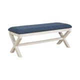 Monte Carlo Bench with White Wash Base and Antique Bronze Nailhead Trim in Navy Fabric