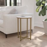 Hampstead Collection End Table - Modern White Marble Finish Accent Table with Crisscross Brushed Gold Frame