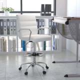 Mid-Back White LeatherSoft Drafting Chair with Adjustable Foot Ring and Chrome Base