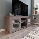 Sheffield Classic TV Stand up to 80" TVs - Gray Wash Oak Finish with Full Glass Doors - 65" Engineered Wood Frame - 3 Shelves