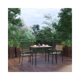 3 Piece Outdoor Dining Table Set Synthetic Teak Poly Slats 35" Square Steel Framed Table with Umbrella Hole 2 Club Chairs
