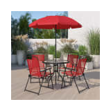 Nantucket 6 Piece Red Patio Garden Set with Umbrella Table and Set of 4 Folding Chairs