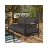 Indoor/Outdoor Patio Loveseat with Cushions Modern Aluminum Framed Loveseat with Teak Accent Arms Black with Charcoal Cushions